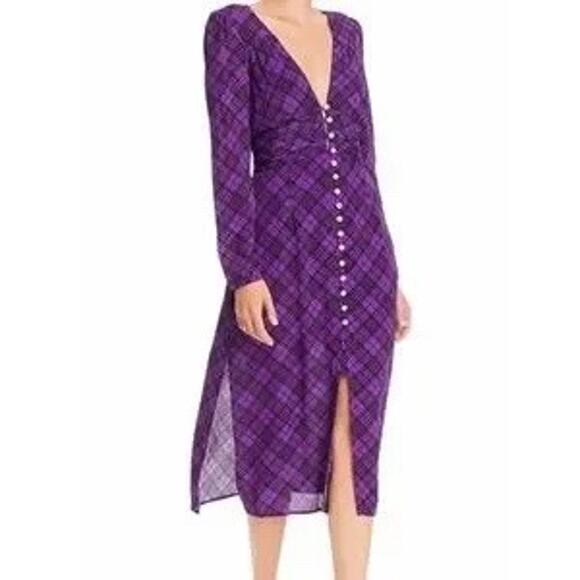 NWT Anthropologie Rahi Purple Plaid Trista Dress Size S Pearl Button Plunge Neck - Picture 2 of 8